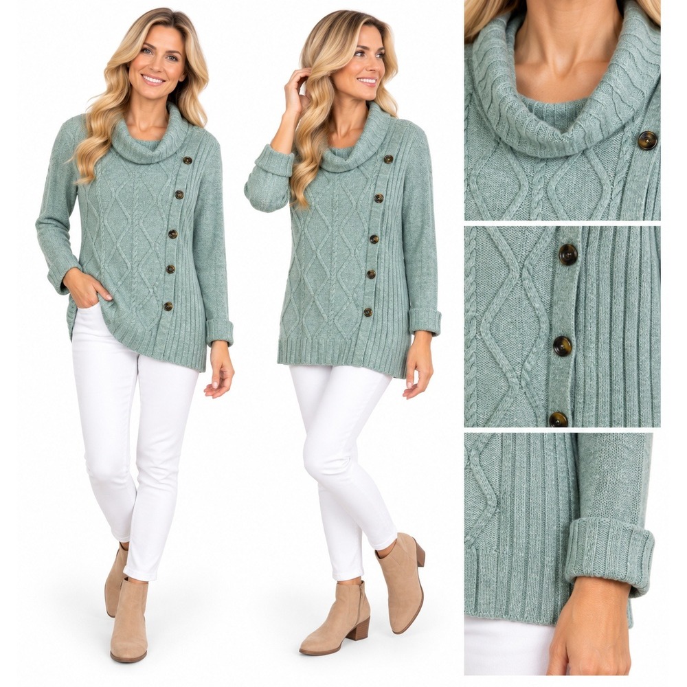 Soft Surroundings Audette Sweater M Cable Knit Cowl Neck Side Button Coastal